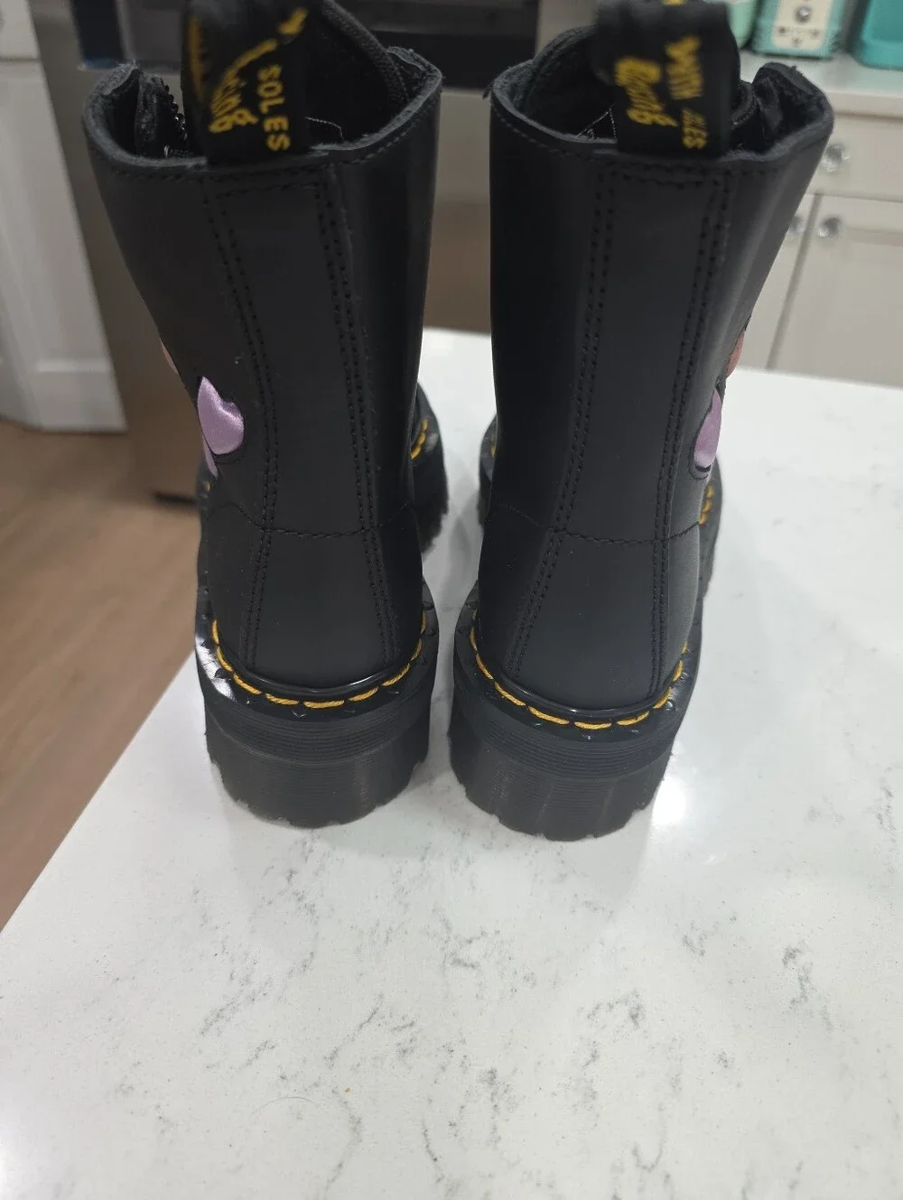 Dr Martens Women's Sinclair Hearts Platform Boots Black Satin Lux Size 5